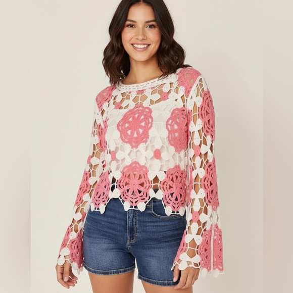 Francesca's Collections Tops - Francesca's Lessie Crochet  Summer Pullover Sweater Shirt size L/XL
